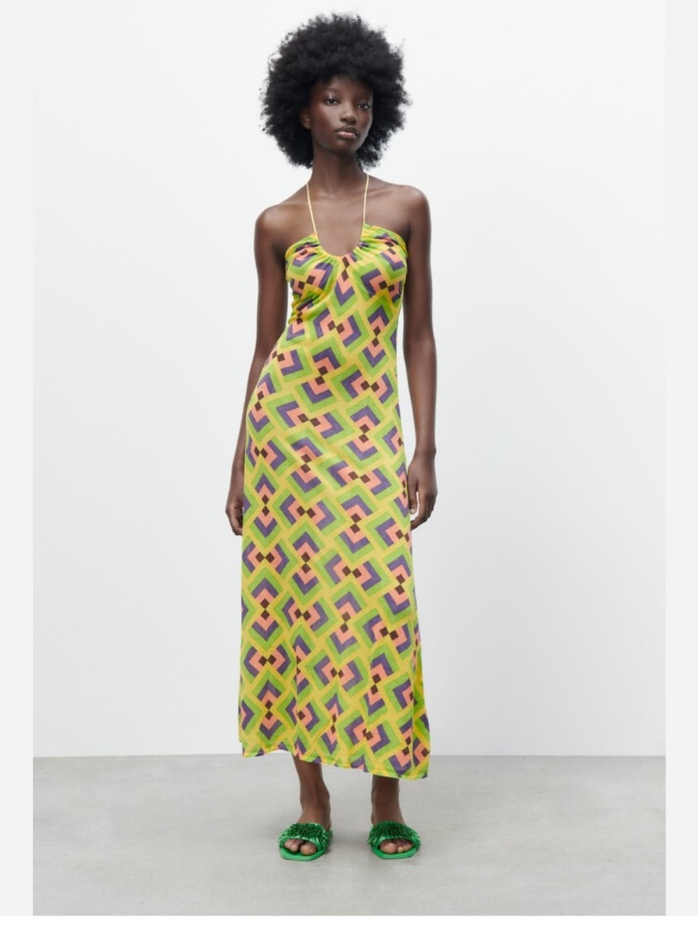 Zara Yellow Green Pink Geometric Slip Maxi Dress
